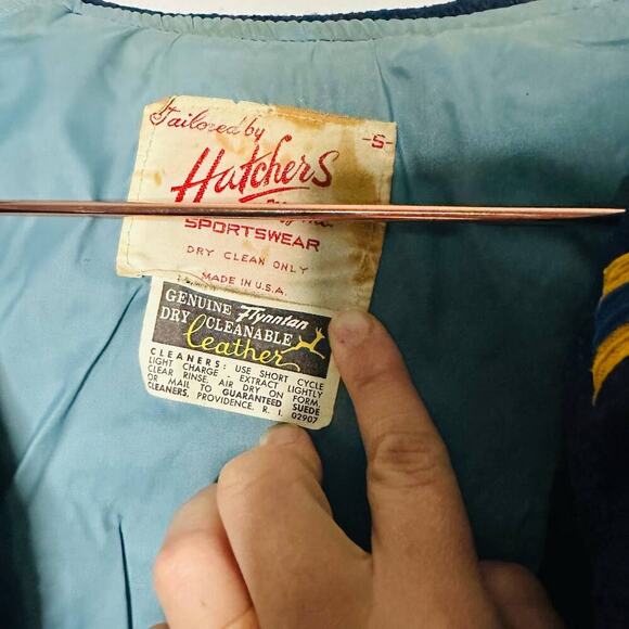 Vintage Hatchers Blue Gold 60s Letterman H University Leather Wool Jacket size S - Picture 6 of 12